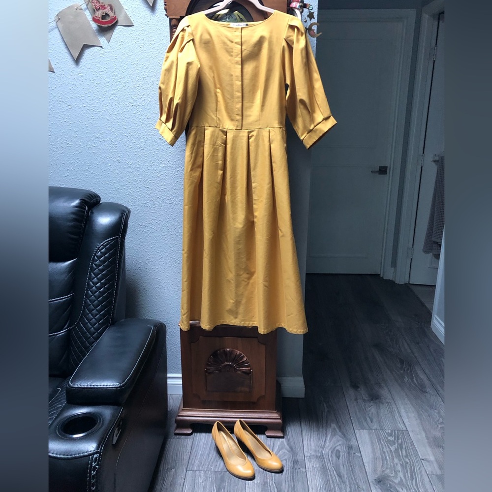 Structured Midi Dress in Mustard Yellow with Puff Sleeves